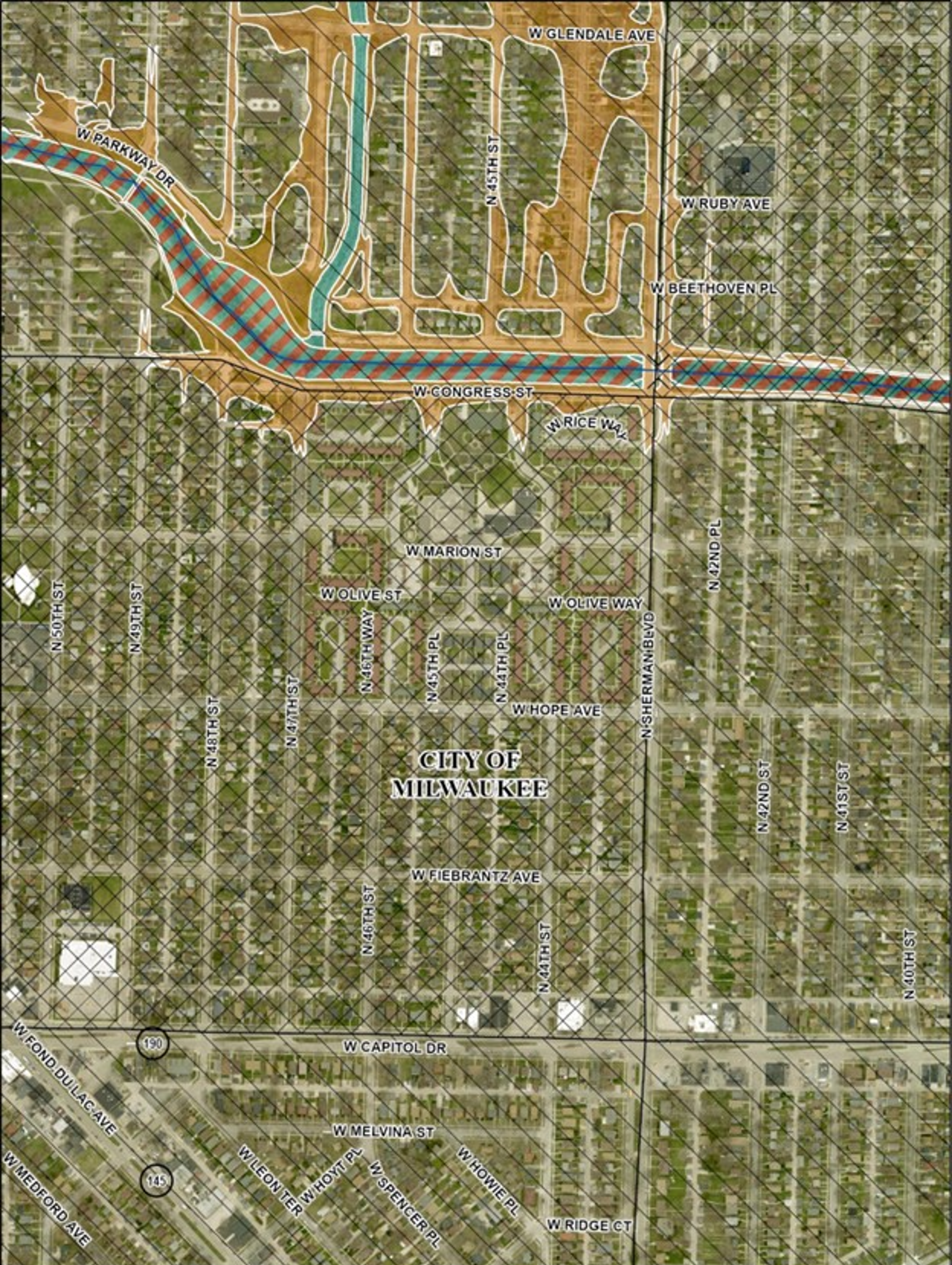 Neighborhood-scale map showing aerial imagery of the north side of Milwaukee. The map combines Flood Insurance Rate Map data from FEMA and Community Resilience Estimates data from the U.S. Census Bureau. The map has blue shading indicating the one percent annual chance flood hazard area and orange shading indicating the zero point two percent annual chance flood hazard area. Areas of blue and red alternating stripes indicate the regulatory floodway. Areas near Lincoln Creek are in flood hazard zones. Some areas of the map are overlaid with cross-hatching to indicate census tracts where the households predominantly have three or more Community Resilience Estimates risk factors. Census tracts with hatching have households predominantly with one or two risk factors. All other areas have households with predominantly zero risk factors. There are four census tracts partially shown. Three of them are in the one to two risk factor category and one is in the three or more risk factors category.